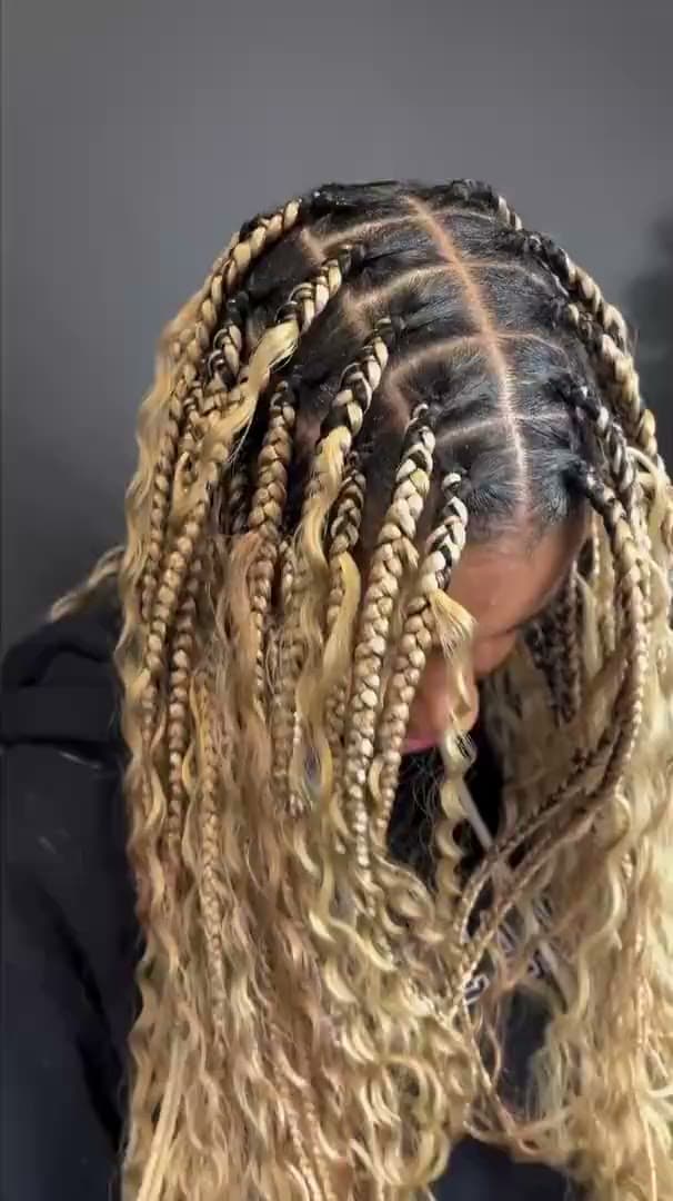 Honey-blonde braids parted into neat sections, seen from above